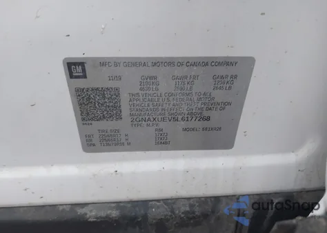 2020 Chevrolet Equinox Awd Lt 1.5L Turbo z USA, uszkodzony, nr VIN 2GNAXUEV5L6177268